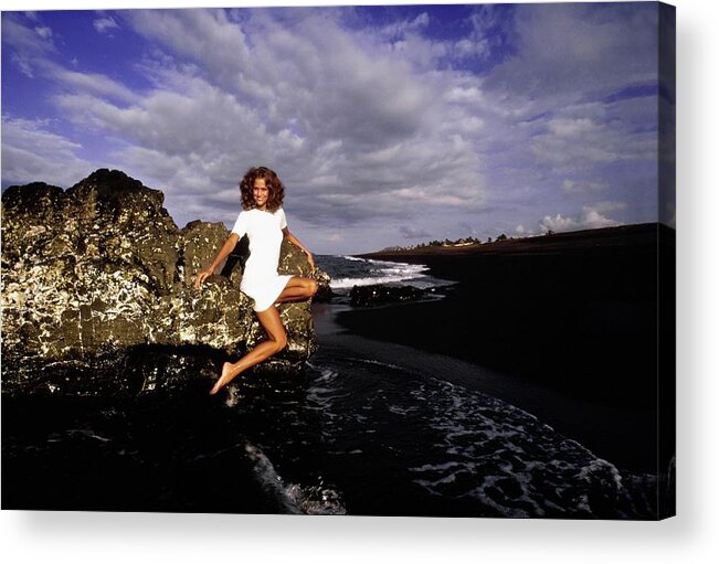 Fashion Acrylic Print featuring the photograph Lauren Hutton Wearing A White Dress by Arnaud de Rosnay