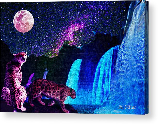 Panther Acrylic Print featuring the mixed media Leopard/chetah In The Moonlight by Michael Pittas