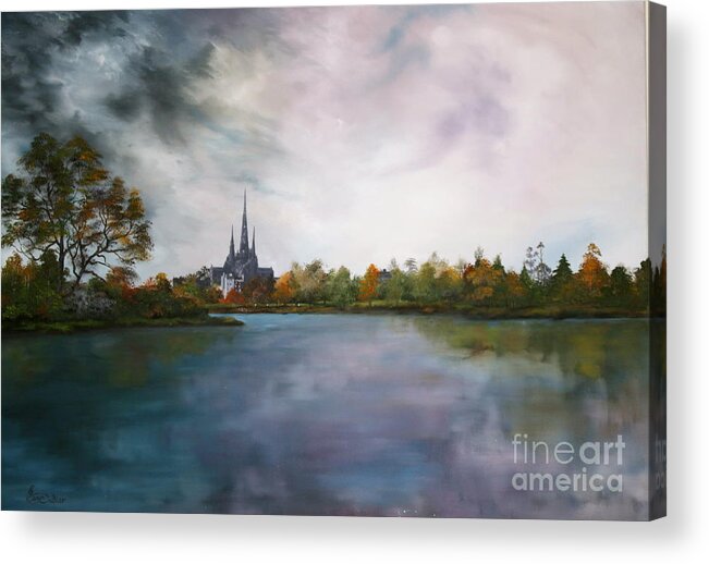 Lichfield Cathedral Acrylic Print featuring the painting Lichfield Catherdral a view from Stowe Pool by Jean Walker