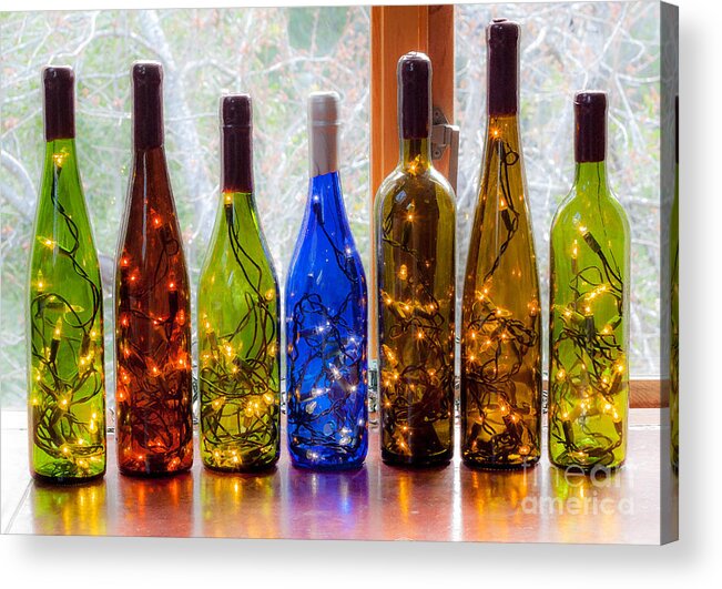 Wine Acrylic Print featuring the photograph Lighted Wine Bottles by Margaret Hood
