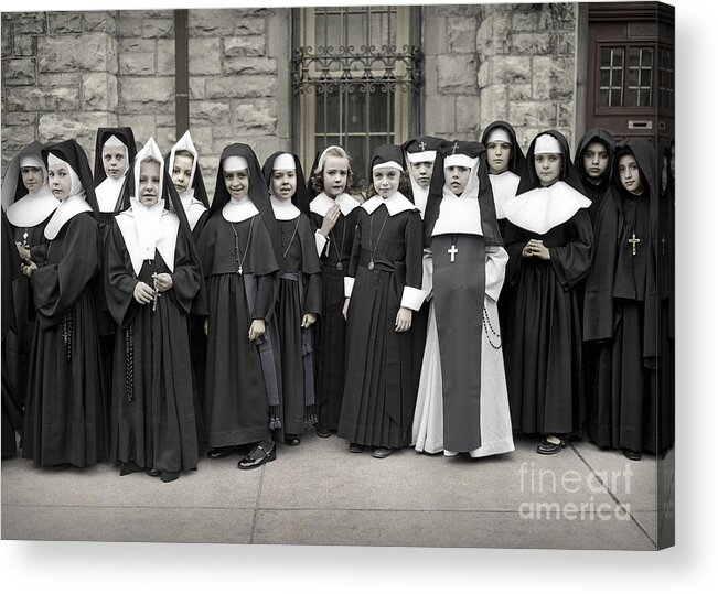 Girls Acrylic Print featuring the photograph Young Girls Modeling Nun Habits by Martin Konopacki Restoration