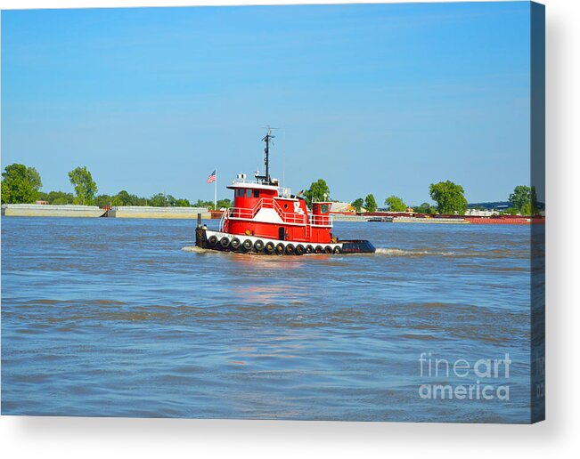 Boat Acrylic Print featuring the photograph Little Red Boat on the Mighty Mississippi by Alys Caviness-Gober