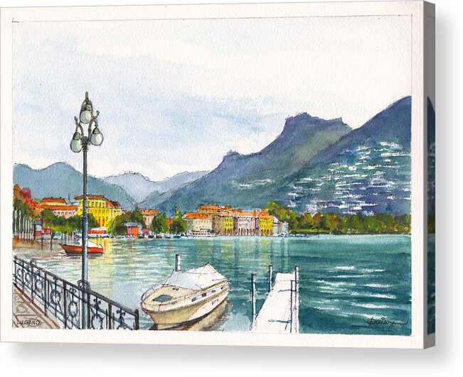 Lake Acrylic Print featuring the painting Lugano on Lake Lugano Switzerland by Dai Wynn