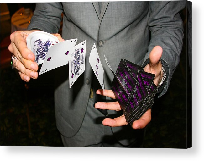 Working Acrylic Print featuring the photograph Magician illusionist performing card trick by Image by Marie LaFauci