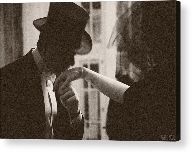 Sepia Acrylic Print featuring the photograph Man Kissing a Womans Hand by Beverly Brown