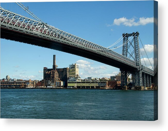 Suspension Bridge Acrylic Print featuring the photograph Manhattan Bridge And Domino Sugar by Andrea Sperling