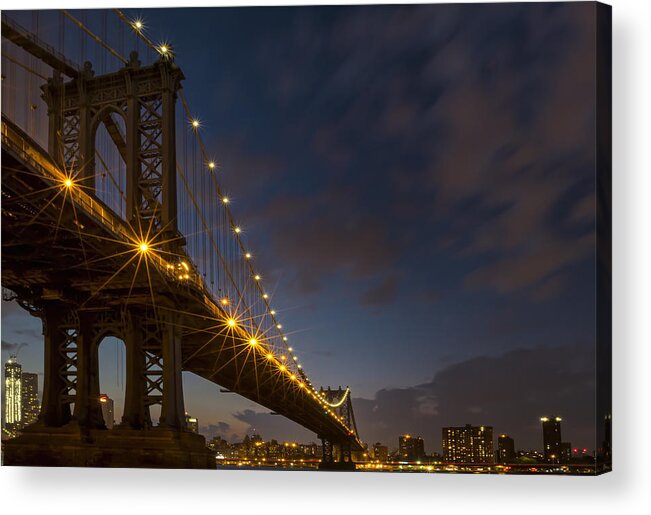 Bridges Acrylic Print featuring the photograph Manhattan Bridge at blue hour by Eduard Moldoveanu