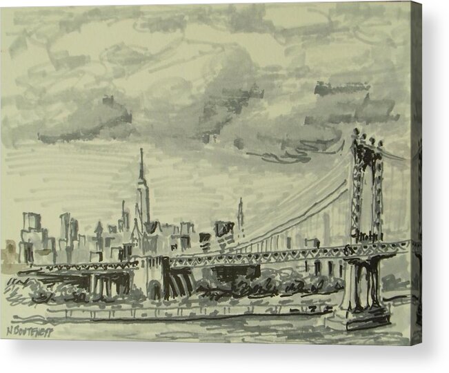 Cityscape Acrylic Print featuring the drawing Manhattan Bridge by Nicolas Bouteneff