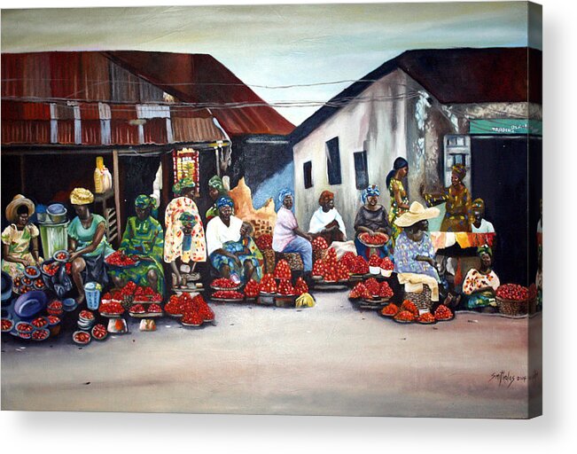 Market Scene Acrylic Print featuring the painting African Market transaction by Olaoluwa Smith