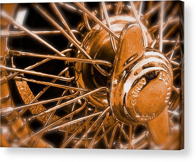 Mgb Acrylic Print featuring the photograph MGB Wire Wheel Detail Orange by John Colley