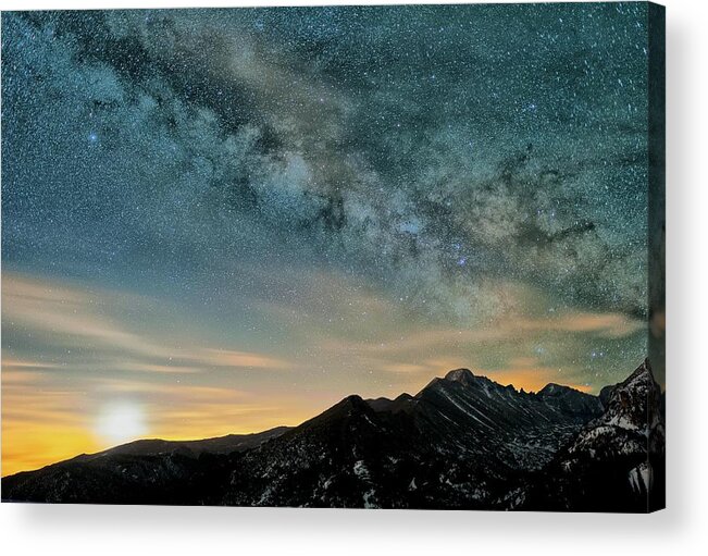 Scenics Acrylic Print featuring the photograph Milky Way Moon Over Glacier Gorge by Mike Berenson / Colorado Captures