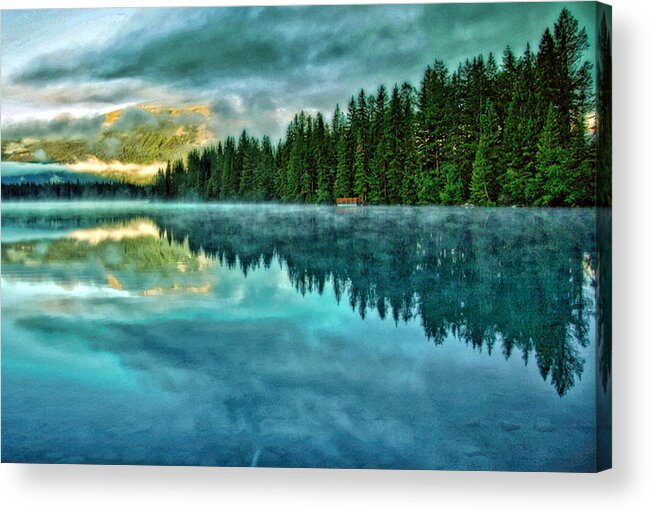 Mist And Moods Of Lake Beauvert - Gregory Mclemore Acrylic Print featuring the photograph Mist and moods of Lake Beauvert by Gregory McLemore 