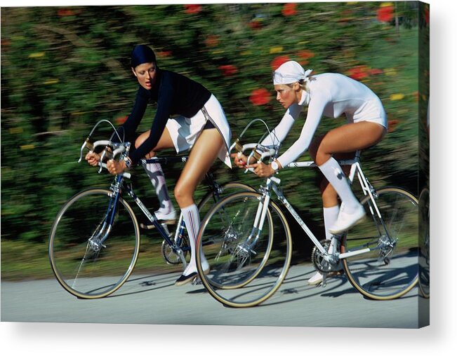 Outdoors Acrylic Print featuring the photograph Models Cycling In Headscarves by Kourken Pakchanian