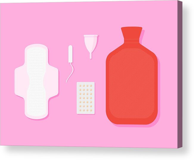 Infertility Acrylic Print featuring the drawing Modern Menstruation - absorbent, tampon, reusable period cup and hot water bottle by Flavio Coelho