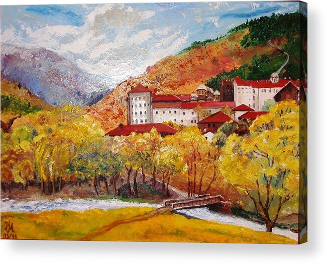 Landscape Acrylic Print featuring the painting Monastery by Nina Mitkova