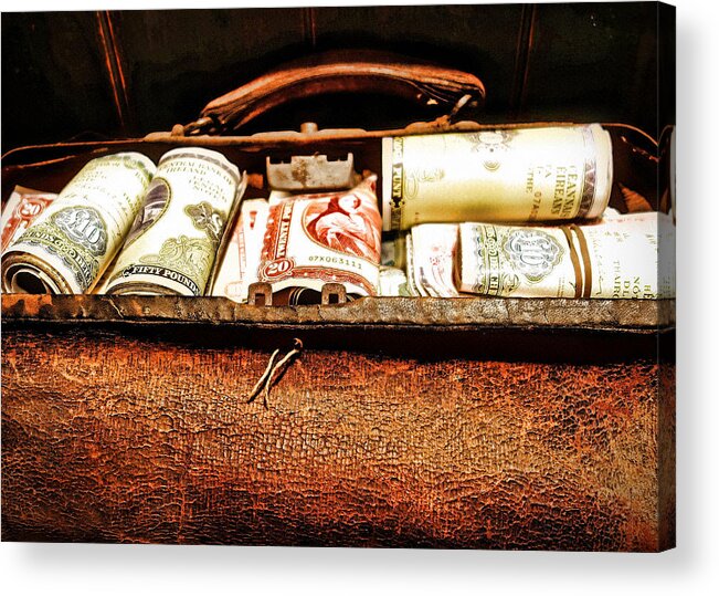 Old Leather Bag Filled With Money Acrylic Print featuring the photograph Money Bag by Joan Reese