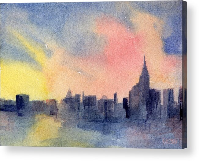 New York Acrylic Print featuring the painting New York Skyline Empire State Building Pink and Yellow Watercolor Painting of NYC by Beverly Brown