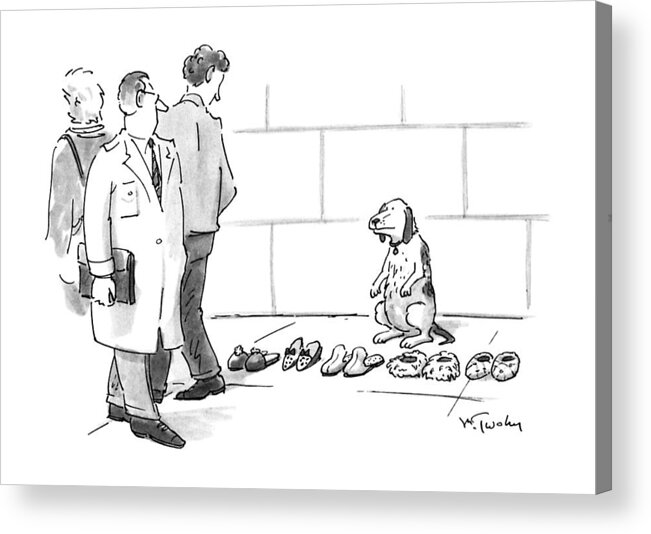 (dog Sits Selling Slippers On The Sidewalk Acrylic Print featuring the drawing New Yorker April 29th, 1991 by Mike Twohy