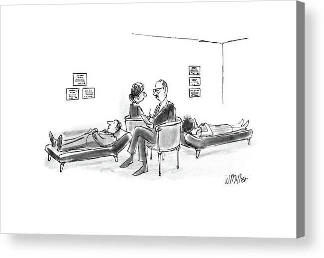 No Caption
Psychologists: Two Therapists Sit In A Love Seat Acrylic Print featuring the drawing New Yorker August 15th, 1988 by Warren Miller