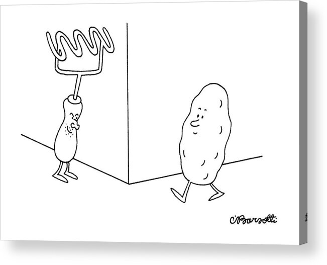 No Caption
A Potato Is Walking Down The Street. Around The Corner Acrylic Print featuring the drawing New Yorker January 9th, 1995 by Charles Barsotti