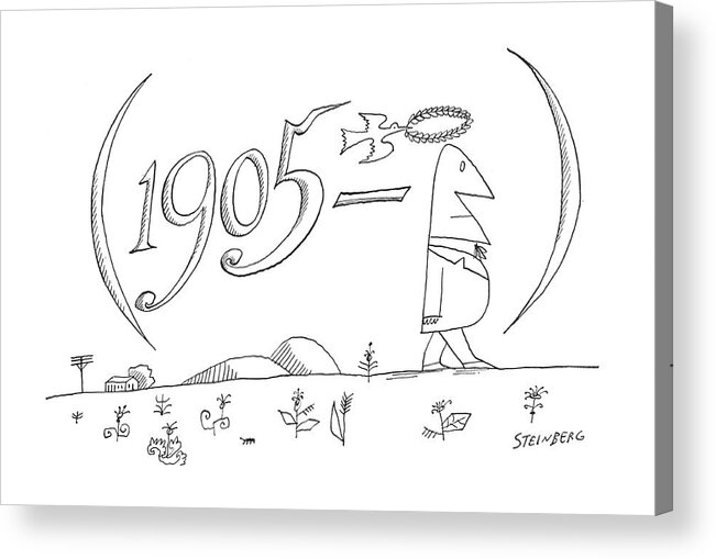 115523 Sst Saul Steinberg (the Year 1905 Is Portrayed As The Year A Man Was Born. The Man Is At The End Of The Tear To Show He Is Still Alive. A Dove Flies Over The Man With A Wreath.) Alive Animal Animals Bird Birds Birth Birthday Born Date Dove End ?ies ?owers Life Man Men Nature Number Numbers Over Plants Portrayed Show Span Still Tear The Was Wreath Year Years Acrylic Print featuring the drawing New Yorker July 28th, 1962 by Saul Steinberg