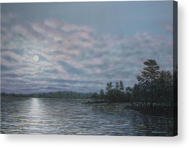 Seascape Art Acrylic Print featuring the painting Nightfall - Moonrise On The Waterfront by Kathleen McDermott