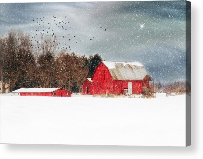 Red Barns. Trees. Woods. Forest. Night Sky. Stormy Sky. Snow. Starts. Fields Nature. Wildlife. Birds. Geese. Mallards. Ducks. Landscape. Winter Landscape. Snow Landscape. Photography. Digital Art. Texture. Canvas. Print. Poster. Greeting Card. Christmas Card. Acrylic Print featuring the photograph Night's Snow Dust by Mary Timman