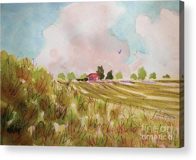 Nimbus Clouds Acrylic Print featuring the painting Nimbus Clouds And Farm by Suzanne McKay