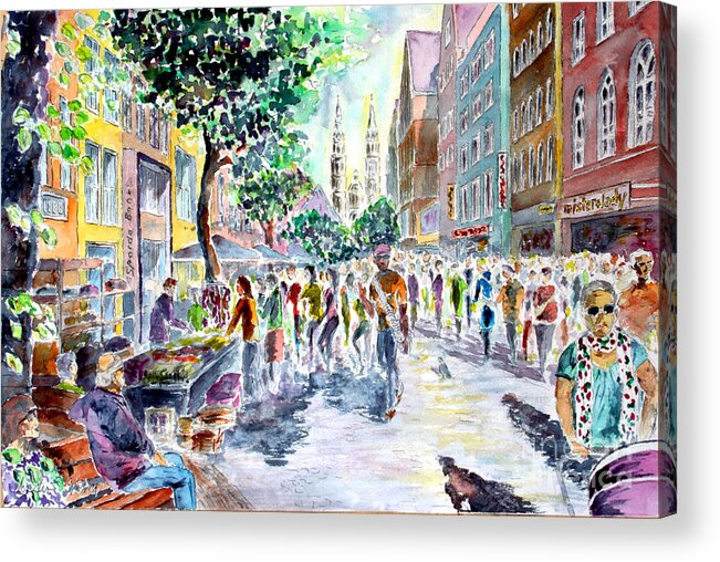 Watercolor Acrylic Print featuring the painting Nuernberg Karolinenstrasse digitally remastered by Almo M
