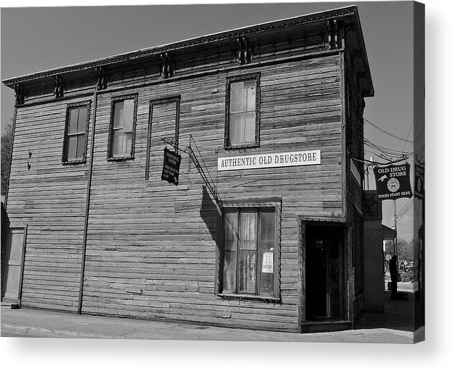 Black And White Acrylic Print featuring the photograph Oldest Drug Store 1 by Denise Mazzocco