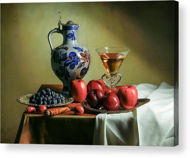 Ontbijt Acrylic Print featuring the photograph Ontbijtje with Blue Tankard-Red Apples and Venetian Glass by Levin Rodriguez