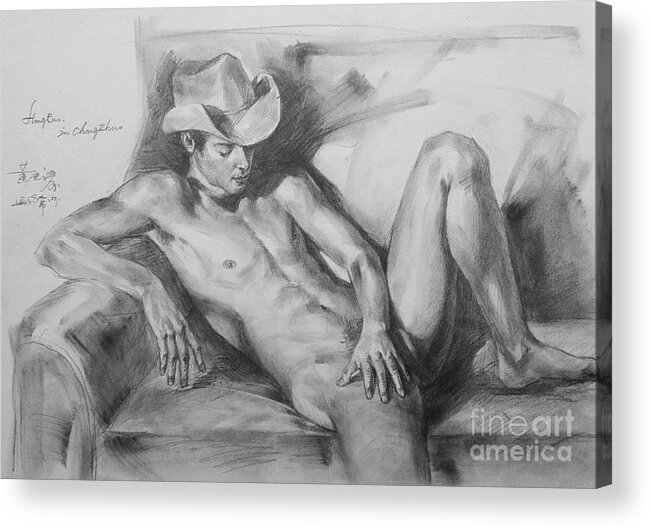 Sofa Acrylic Print featuring the painting Original Drawing Sketch Charcoal Chalk Male Nude Gay Man On Sofa Art Pencil On Paper By Hongtao by Hongtao Huang
