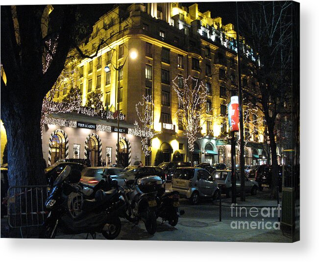 Paris Prints Acrylic Print featuring the photograph Paris Night Lights Street Scene Architecture and Vespas by Kathy Fornal