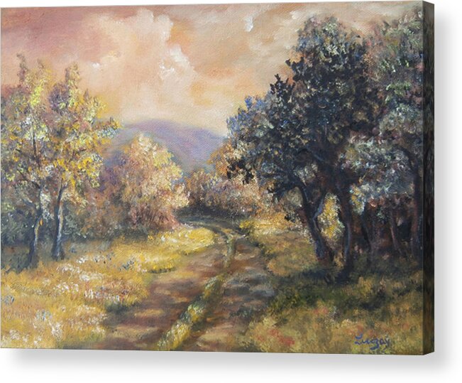 Luczay Acrylic Print featuring the painting Path In The Woods by Katalin Luczay