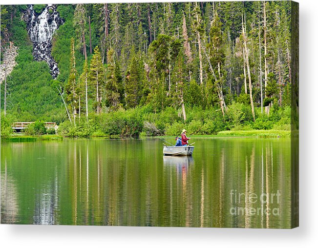 Lake Reflection Fishing Boat Waterfall Forest Morning Mountain M Acrylic Print featuring the photograph Perfect Sunday - Two people fishing on a lake in Mammoth California. by Jamie Pham