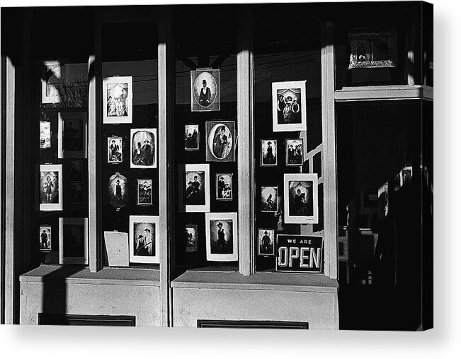 Photography Homage Antique Portraits Store Tombstone Arizona 1980 Black And White Acrylic Print featuring the photograph Photography homage Antique portraits store Tombstone Arizona 1980 black and white by David Lee Guss