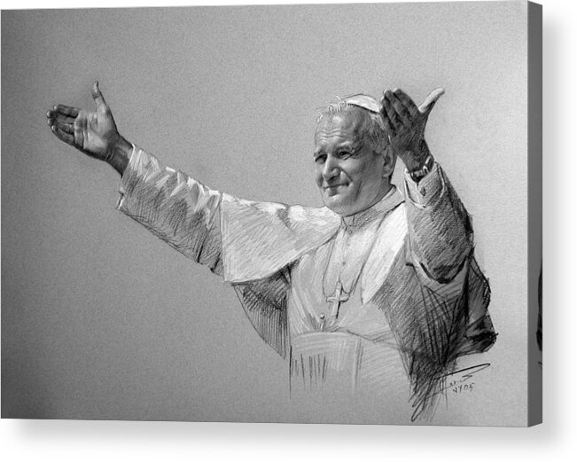 Pope John Paul Ii Acrylic Print featuring the drawing POPE JOHN PAUL II bw by Ylli Haruni