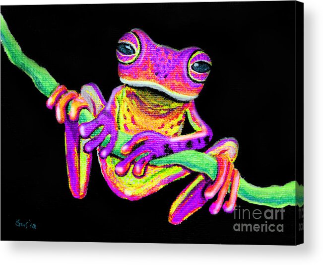 Purple Frog Acrylic Print featuring the painting Purple frog on a vine by Nick Gustafson