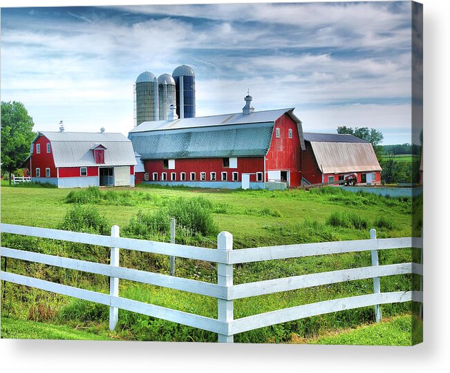 Barn Acrylic Print featuring the photograph Red Barns and White Fence by Steven Ainsworth