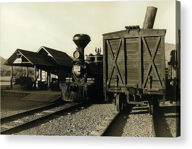 Reno Rr Engine And Station Old Tucson Arizona 1984 Acrylic Print featuring the photograph Reno RR engine and station Old Tucson Arizona 1984 by David Lee Guss