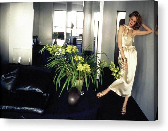 Fashion Acrylic Print featuring the photograph Rosie Vela Wearing A Silk Ensemble by Arthur Elgort