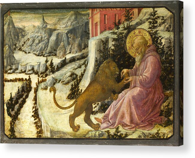 Fra Filippo Lippi And Workshop Acrylic Print featuring the painting Saint Jerome and the Lion - Predella Panel by Fra Filippo Lippi and Workshop