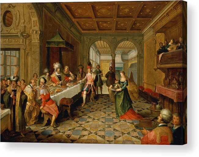 Courtiers Acrylic Print featuring the photograph Salome Presenting The Head Of St. John The Baptist To King Herod Oil On Panel by Frans Francken