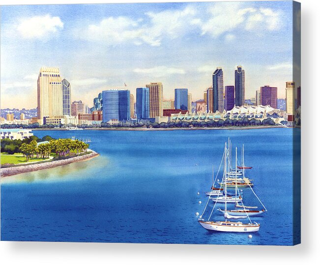San Diego Acrylic Print featuring the painting San Diego Skyline with Meridien by Mary Helmreich