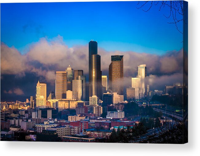 Fog Acrylic Print featuring the photograph Seattle Skyline in the Fog by Jerry Cahill