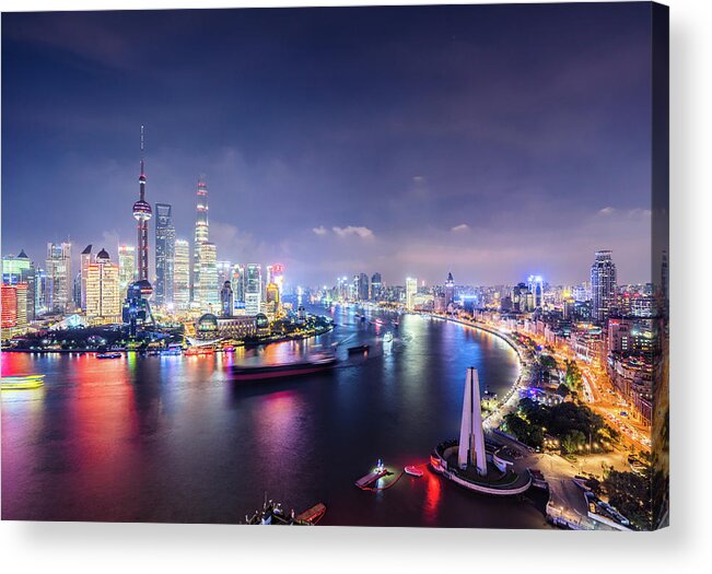 Downtown District Acrylic Print featuring the photograph Shanghai Skyline At Night by Yongyuan Dai