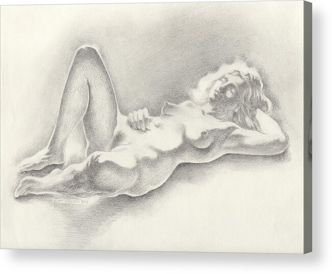 Female Nude Acrylic Print featuring the drawing Shimmering Shadows by Scott Kirkman
