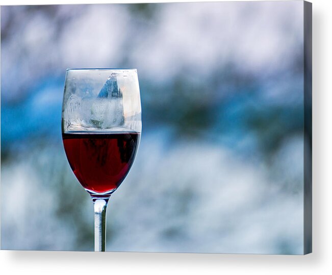 Red Acrylic Print featuring the photograph Single Glass of Red WIne on Blue and White Background by Photographic Arts And Design Studio