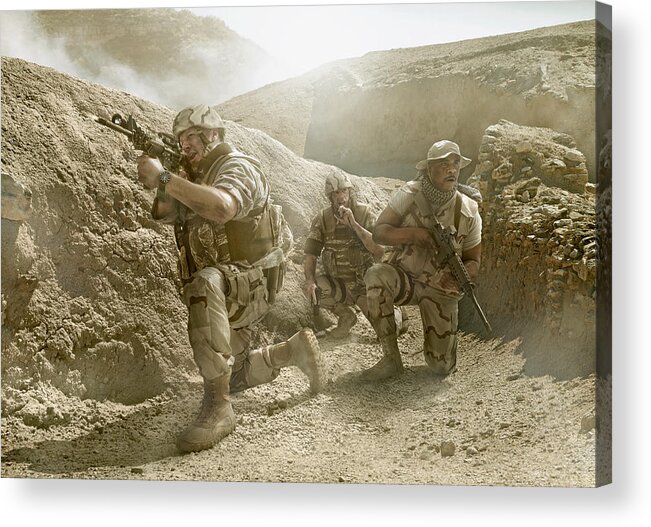 Rifle Acrylic Print featuring the photograph Soldiers advancing in dry rural landscape by Chris Clor