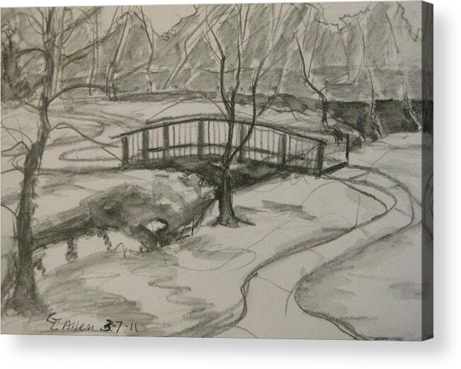 Pencil Acrylic Print featuring the drawing Sope Creek Bridge by Gretchen Allen